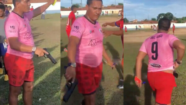 In Brazilië hebben scheidsrechters geen fluitje maar wordt er met een pistool gezwaaid