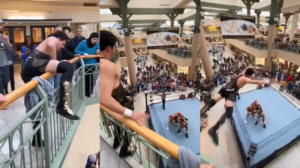 Showworstlaar springt van 2e verdieping en schakelt in één klap 3 man uit