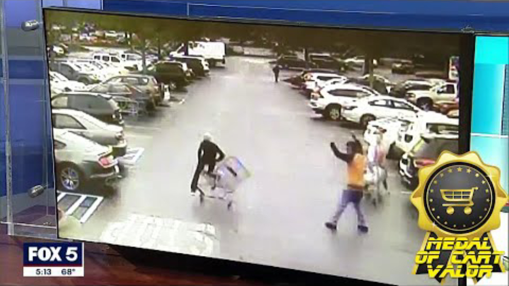 Winkeldief wordt gestopt door een held met een winkelwagentje