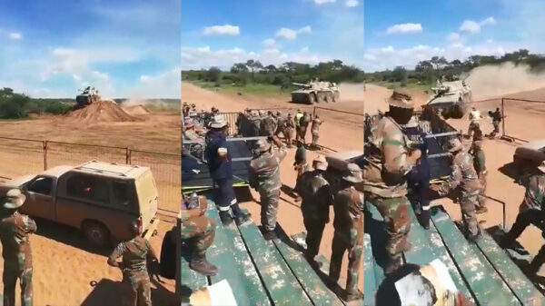 Toeschouwers krijgen het benauwd als tankbestuurder het bochtje iets té ruim neemt