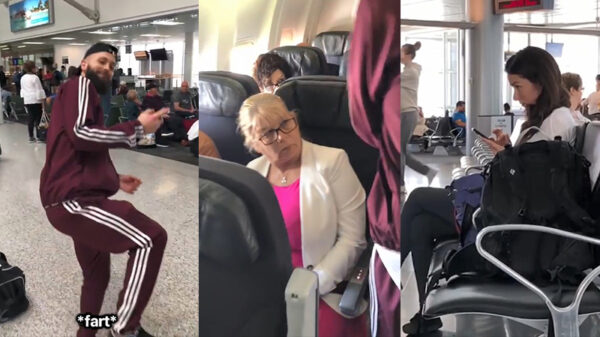 Met een darmgasmachine over het vliegveld lopen zorgt voor een hoop mooie reacties