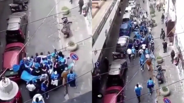 Supporters van rivaliserende voetbalteams komen elkaar in smal steegje tegen