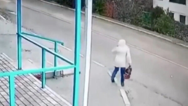 Close call deluxe: vrouw struikelt en belandt bijna met d'r hoofd onder een bus