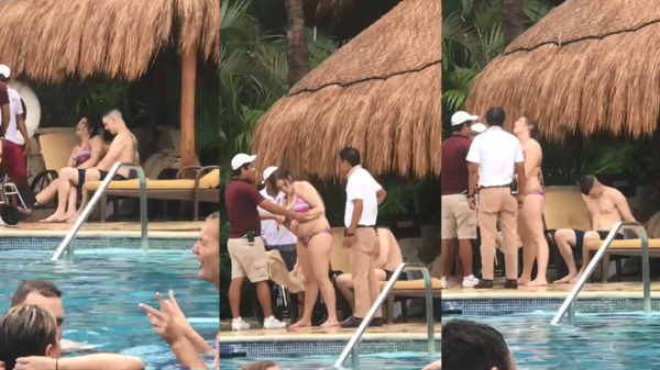 Stelletje zit kacheltjelam aan het zwembad op een resort in Mexico