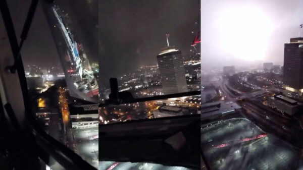 Kraanwerker in Nashville ziet op grote hoogte de heftige tornado aankomen