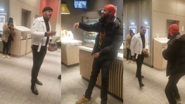 Eenarmige bandiet laat zijn fastfood geen moment los als hij ruzie krijgt met deze 'thug'