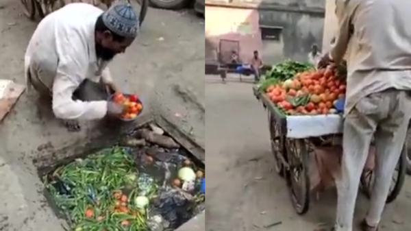 Straatverkoper in Pakistan wast nog even lekker de groenten voor de verkoop
