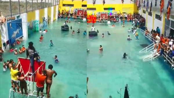 Gevangenen in Ecuador toveren basketbalveldje om tot een subtropisch zwemparadijs