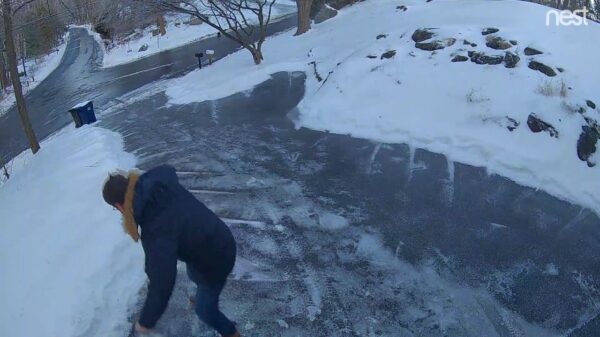 Bontkraagje komt er tijdens het strooien achter hoe glad de oprit is