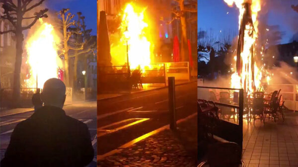Parasols in Maastricht in de hens als personeel de terrasverwarmers vergeet