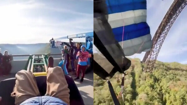 Basejumper doet Angry Birds na en laat zich met een katapult van een brug lanceren