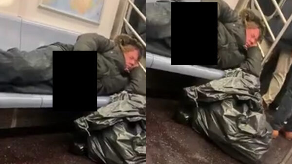 Straalbezopen zwerver laat zijn behoeftes lekker lopen in de metro