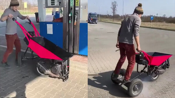 Een opgevoerde kruiwagen blijkt prima geschikt om mee naar het werk te gaan