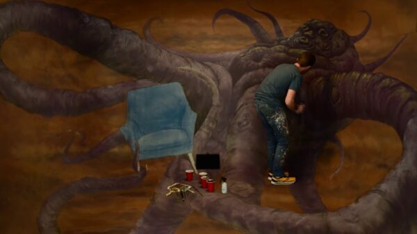 Creatieveling bouwt kamer met ronde wanden en maakt een vet 3D-schilderij