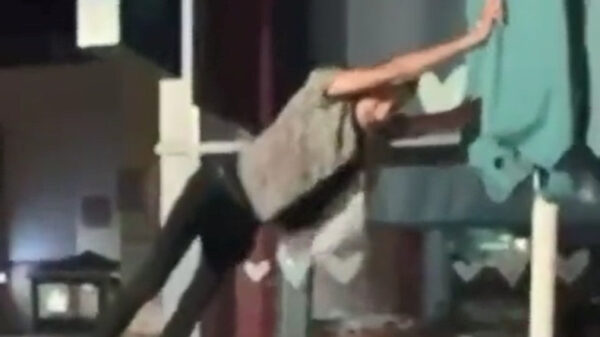 Dronken kneusje doet een poging om een parasol te slopen