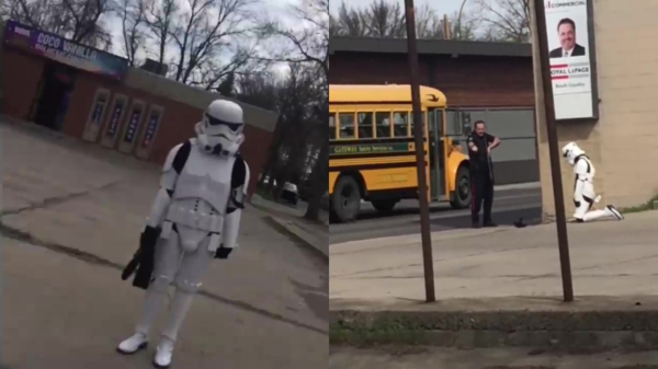 Stormtrooper wordt met getrokken wapens gearresteerd op Star Wars Day