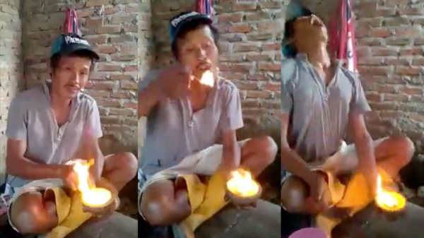 Indonesiër gebruikt geen desinfecterende handgel maar eet vuur