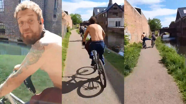 Lolbroek komt met het geintje van de dag en duwt fietser het kanaal in