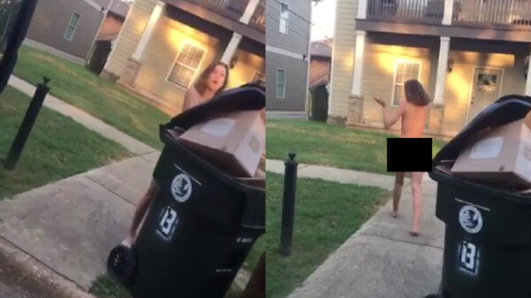 Chick besluit het vuilnis buiten te zetten in haar Eva-kostuum