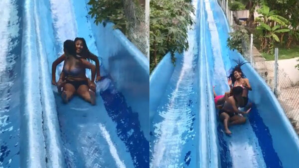 Gillende keukenmeiden worden op de waterglijbaan knetterhard vanachter aangereden