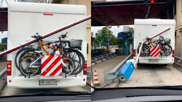 Slagboom verliest trekwedstrijd van camper bij tolweg