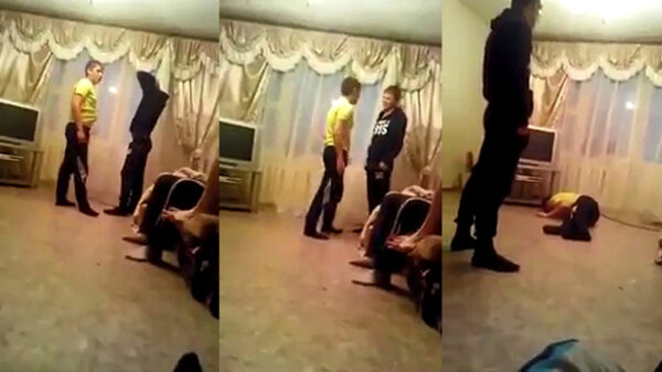 Dronken Russische kameraden lossen meningsverschil op zijn Russisch op