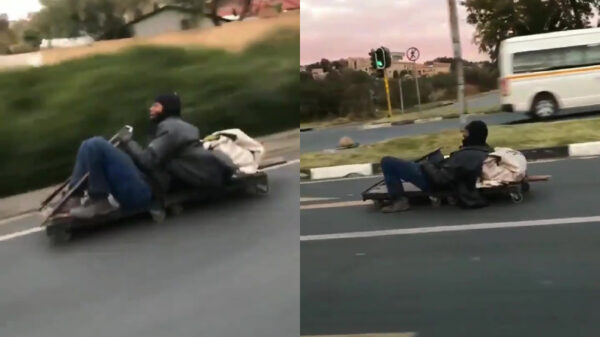 Zuid-Afrikaan dendert met een noodgang op een sleetje over de openbare weg