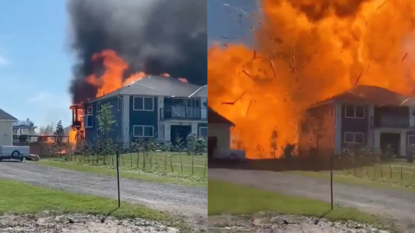 Enorme propaantank explodeert terwijl brandweermannen het huis blussen