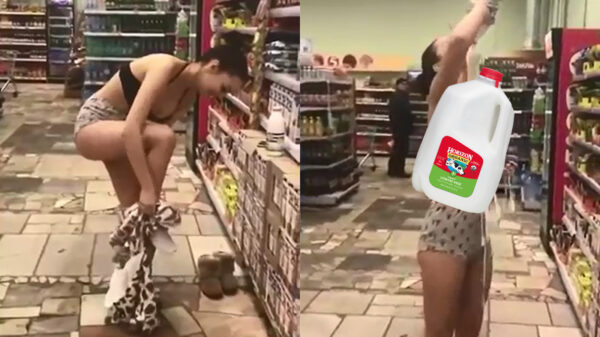 Russische chick stript in supermarkt en gooit melk over zichzelf