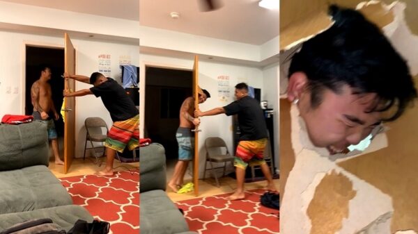 Pimpelaar komt vast te zitten nadat hij de deur met zijn hoofd sloopt