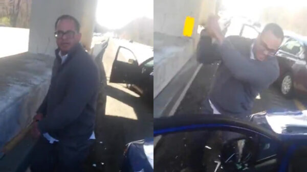 Doorgedraaide Amerikaanse roadrager sloopt auto met knuppel