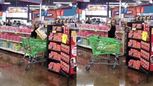 Gekkie doet geen mondkapje op en flikkert haar boodschappen door de winkel