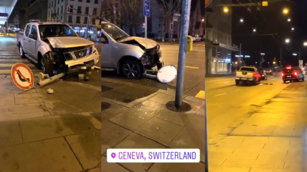 Straalbezopen Zwitser sleept verkeersbord onder auto mee na crash