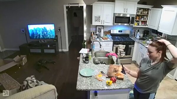 Vrouw heeft ruzie met de vaatwasser