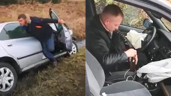 Dronken automobilist verzamelt zijn belangrijkste spullen na ongeluk