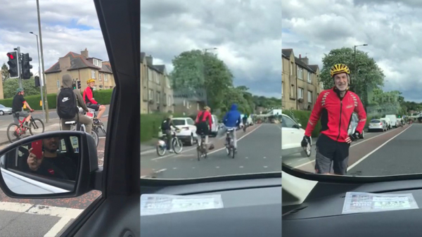 Capuchonmannetje trapt wielrenner van zijn fiets tijdens Schotse verkeersruzie