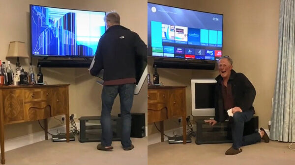 Je pa in de zeik nemen met een kapot tv-scherm blijft grappig