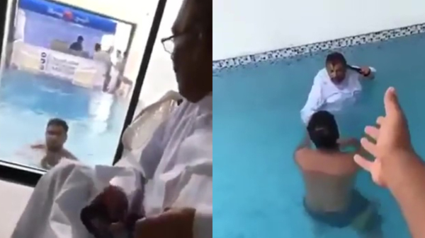 Pa springt in het zwembad om zijn zoon een paar opvoedkundige tikken te verkopen