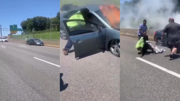 Held redt man uit brandende auto op de snelweg
