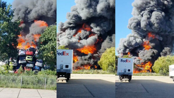 NL-Alert: metershoge vlammen bij autosloperij in Duiven