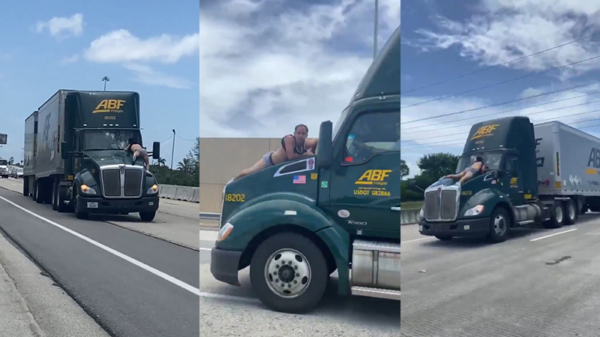 Vrachtwagenchauffeur zwalkt over snelweg om Florida-gekkie van zijn motorkap te krijgen