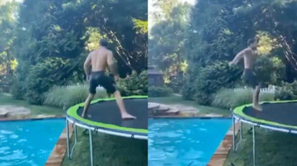 Bro, check deze zieke backflip op de trampoline!