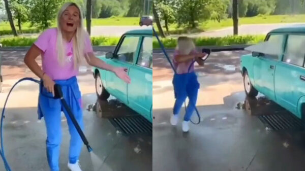 Fly girl laat in de autowasstraat zien dat ze zieke breakdance-moves in huis heeft