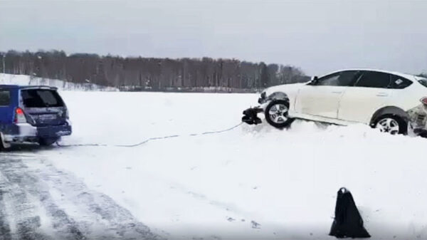 Handige Harry trekt vastgelopen maatje probleemloos uit de sneeuw
