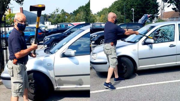 Man beukt autoraam met bijl in en redt hond uit snikhete auto tijdens hittegolf