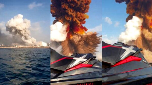 Jetskiërs duiken weg voor de krachtige shockwave in Beiroet