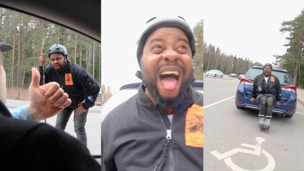 Skater had niet verwacht dat zijn lift op de trekhaak zo hobbelig zou zijn