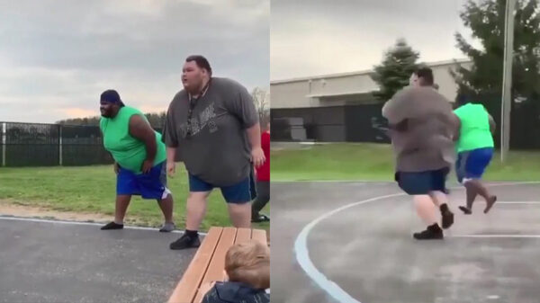 Zwaarlijvige atleten dagen elkaar uit voor een wedstrijdje hardwandelen