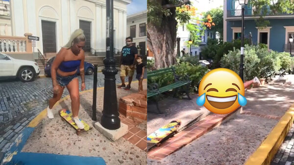 Blonde skatechick belandt met d'r smoelwerk op de grond als ze een trucje doet