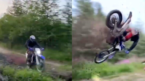 Crossmotor maakt een koprol